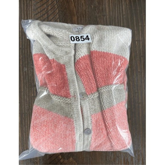 LL Bean Sweater Knit Button Up Cardigan Womens Petite M Pink Orange Cream Stripe - Picture 7 of 7